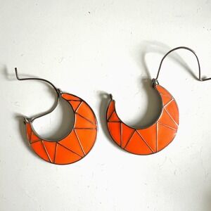 Boho Earrings Bright Orange Geo Sacred Geometry Metal Bohemian Hippy 1.5 x 1.75"